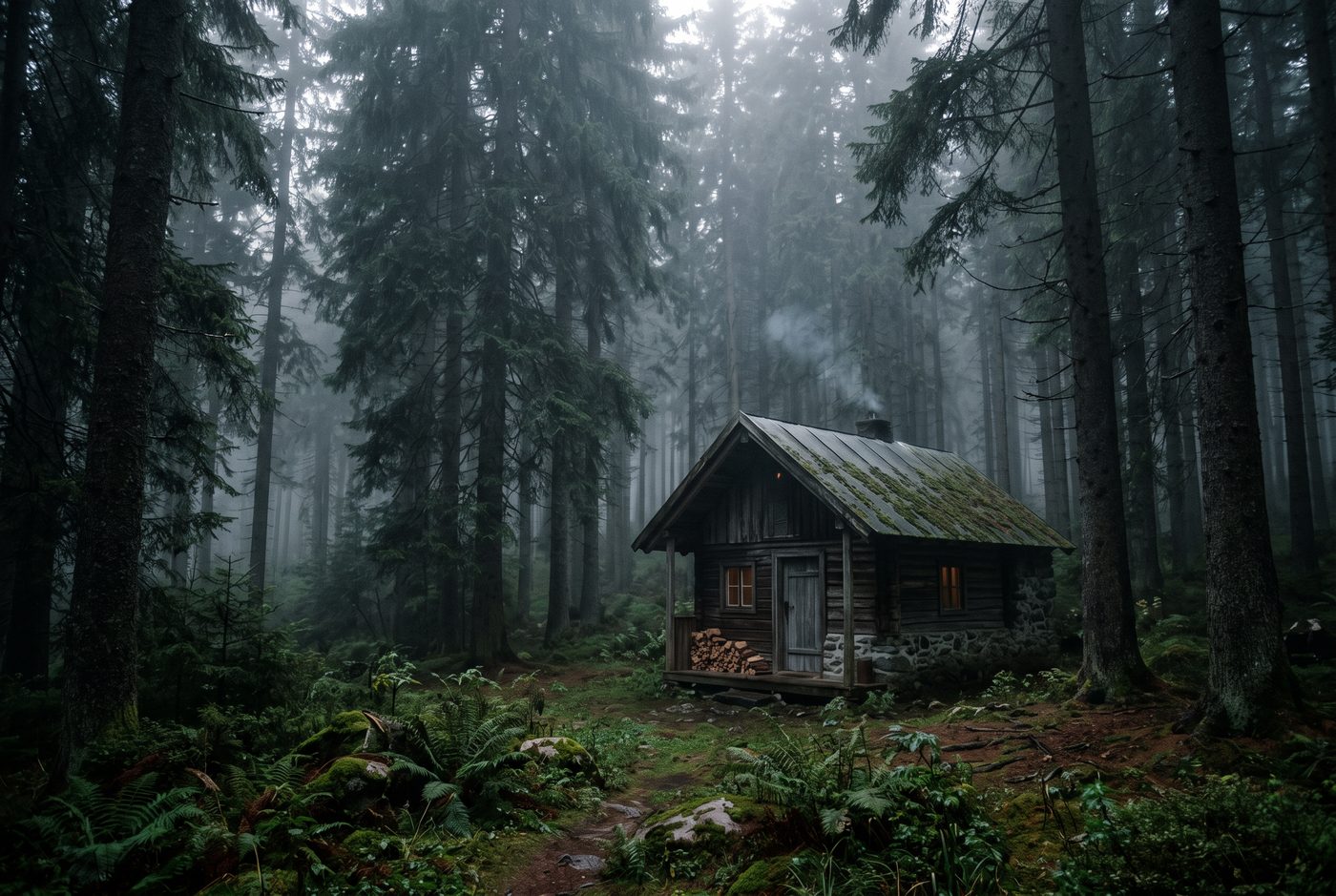 Cabane enfouie dans une forêt de pins sous la brume