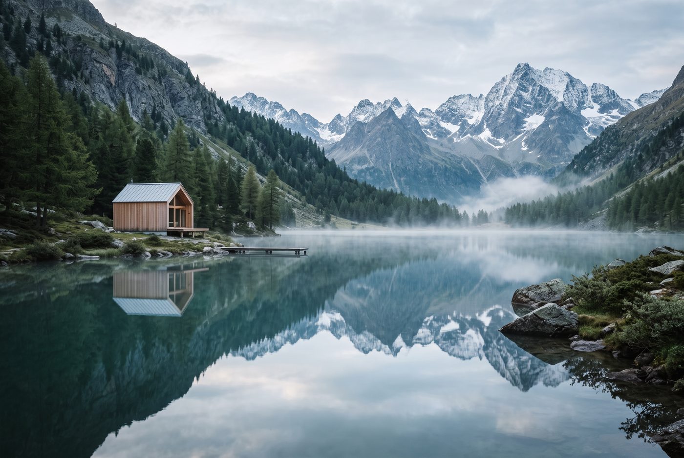 Refuge en bois au bord d'un lac d'altitude aux reflets parfaits