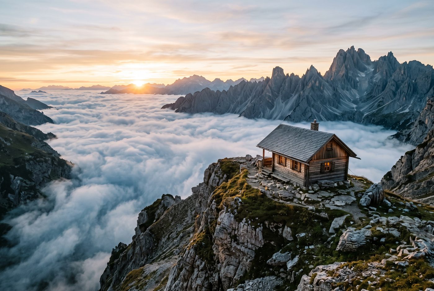 Cabane perchée au-dessus d'une mer de nuages au lever du soleil